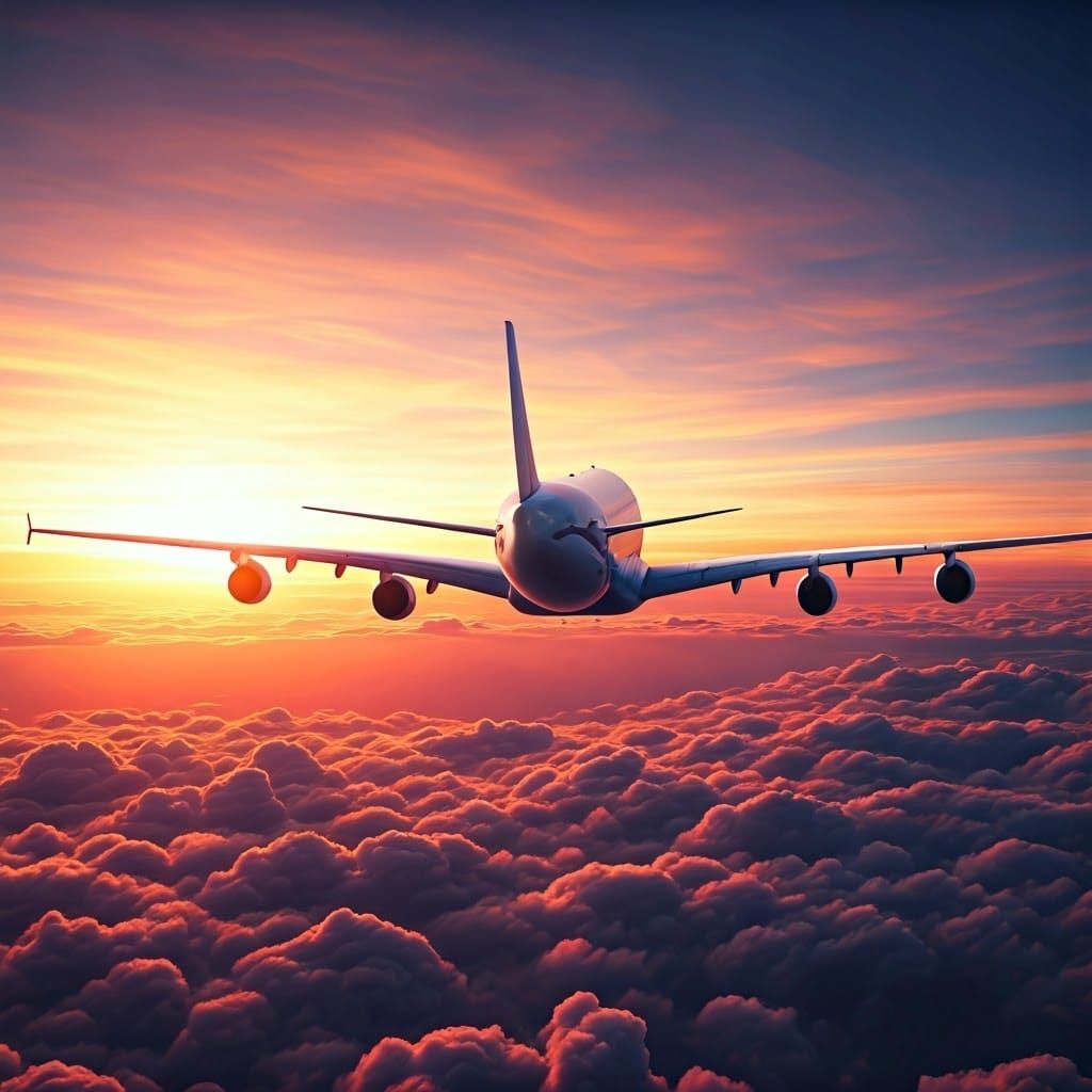 Majestic Airplane Soars Through Vibrant Sunset