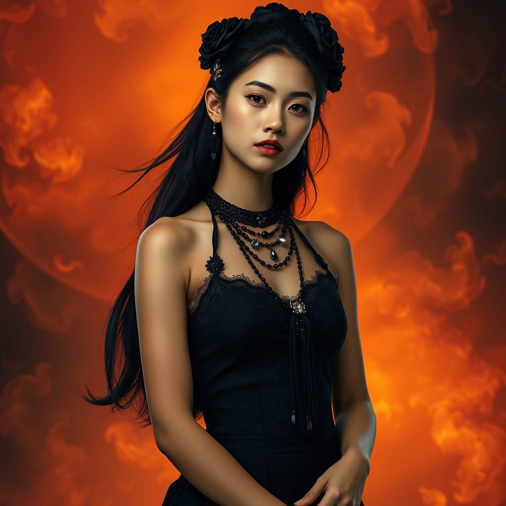 Mongolian Woman in Gothic Attire with Fiery Background
