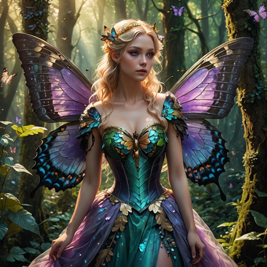 Enchanting Fairy with Butterfly Wings in Lush Forest