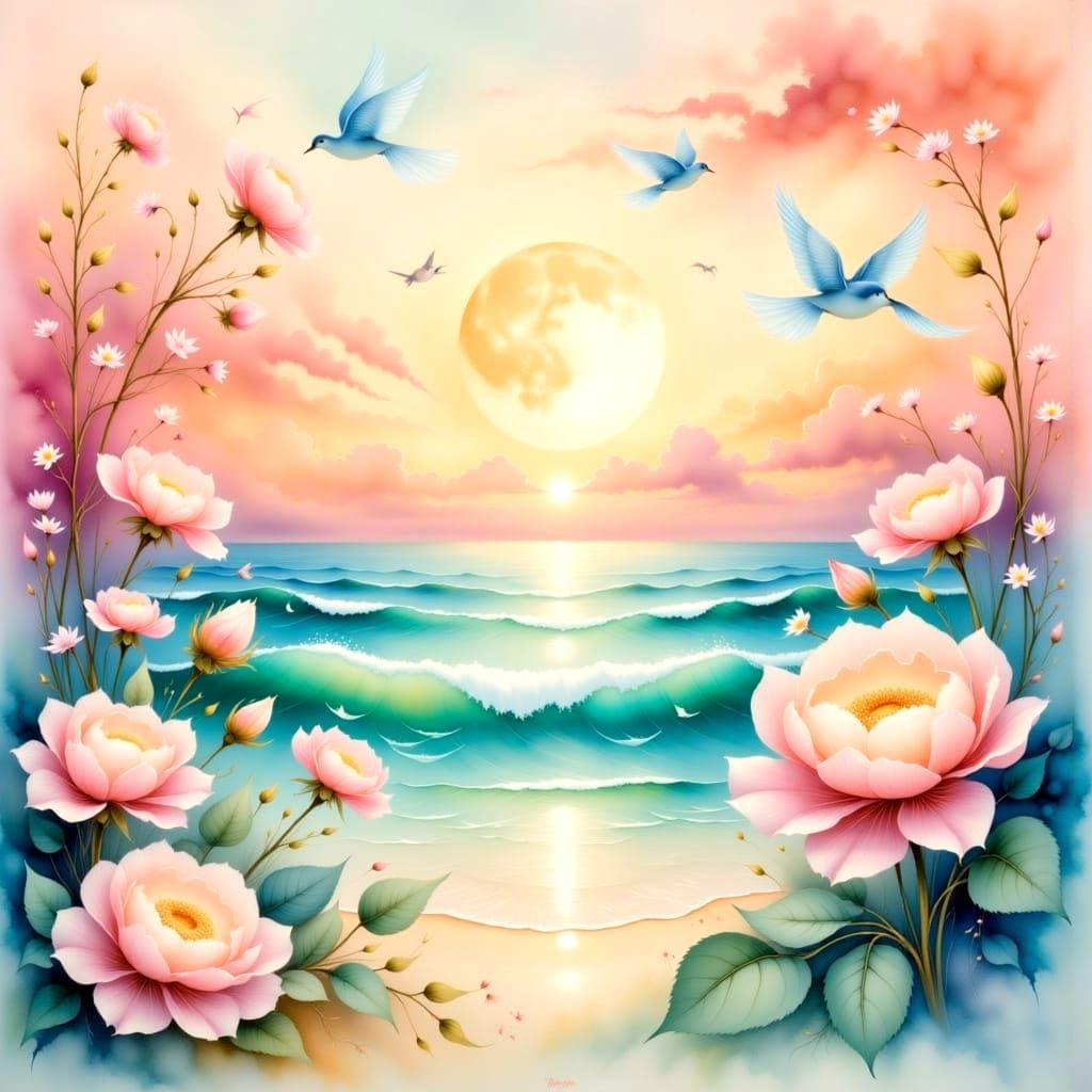 Soft Ethereal Beach Sunset with Vibrant Colours and Dreamy B...