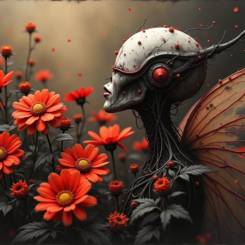 Cyborg Angel of Death Tending a Bioluminescent Garden in a G...