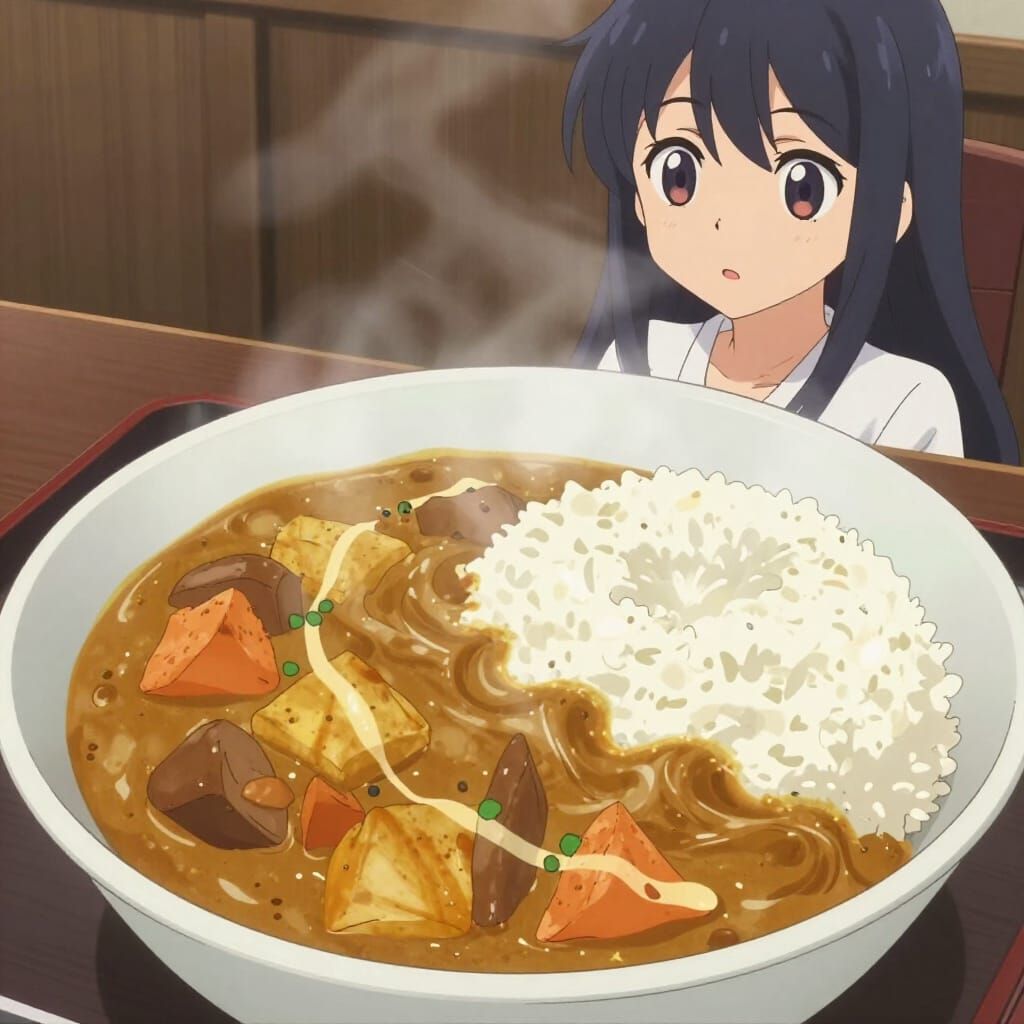 Steaming Bowl of Delicious Curry in Anime Style