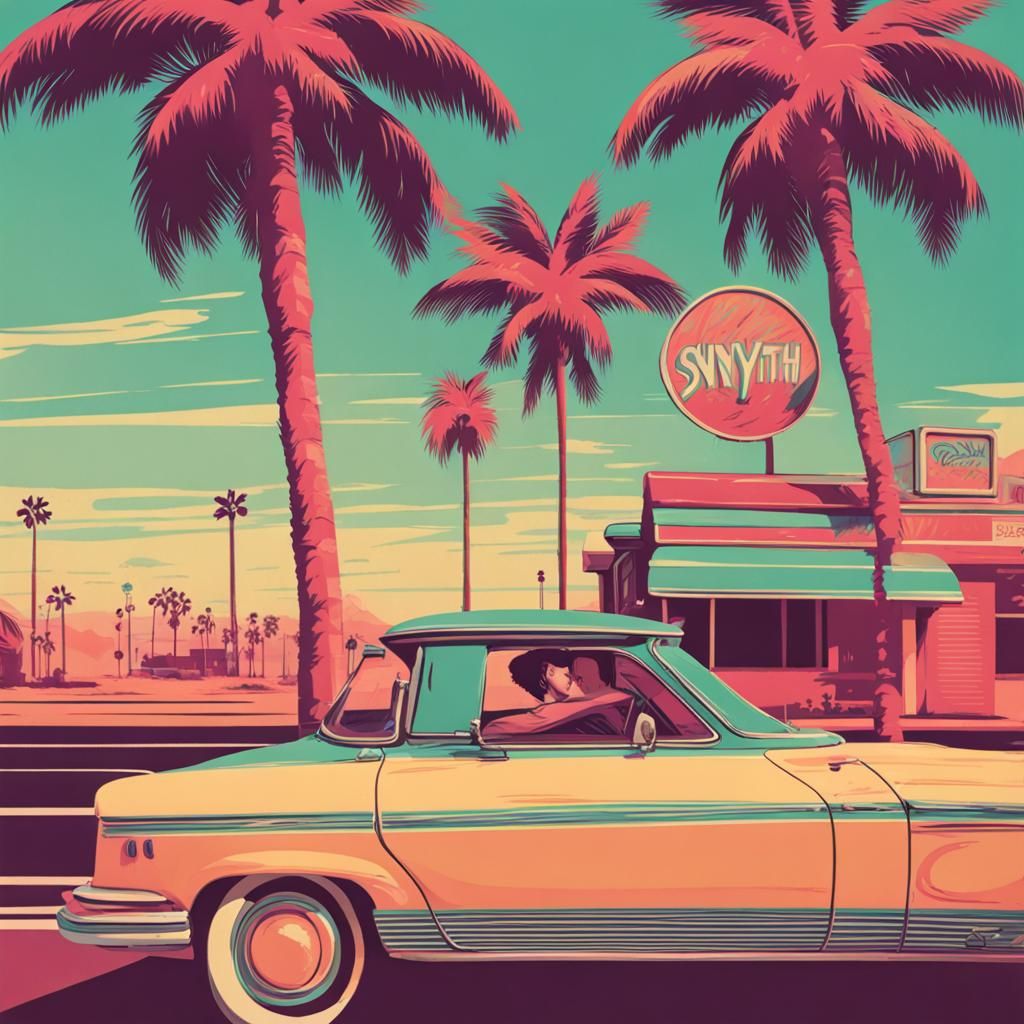 Synthwave Car Driving Past Retro Palm Trees