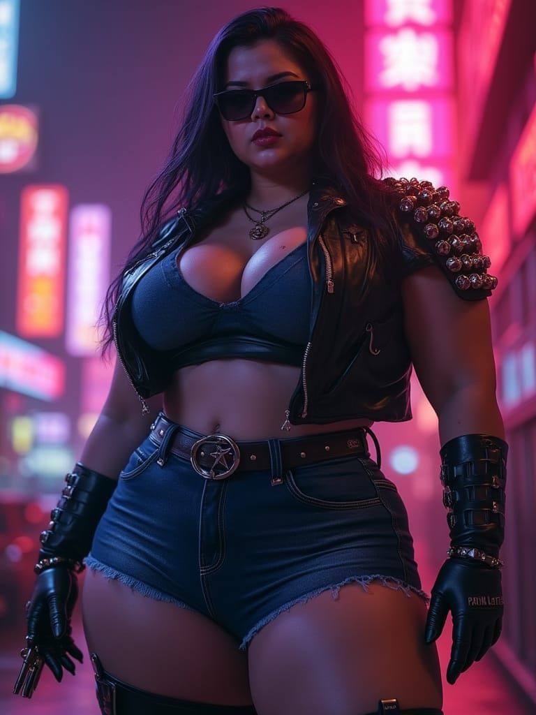Plus Size Curvy Superheroine in Cyberpunk Style