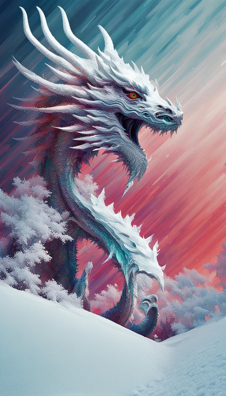 Digital Glitch Snow Dragon Abstract Art