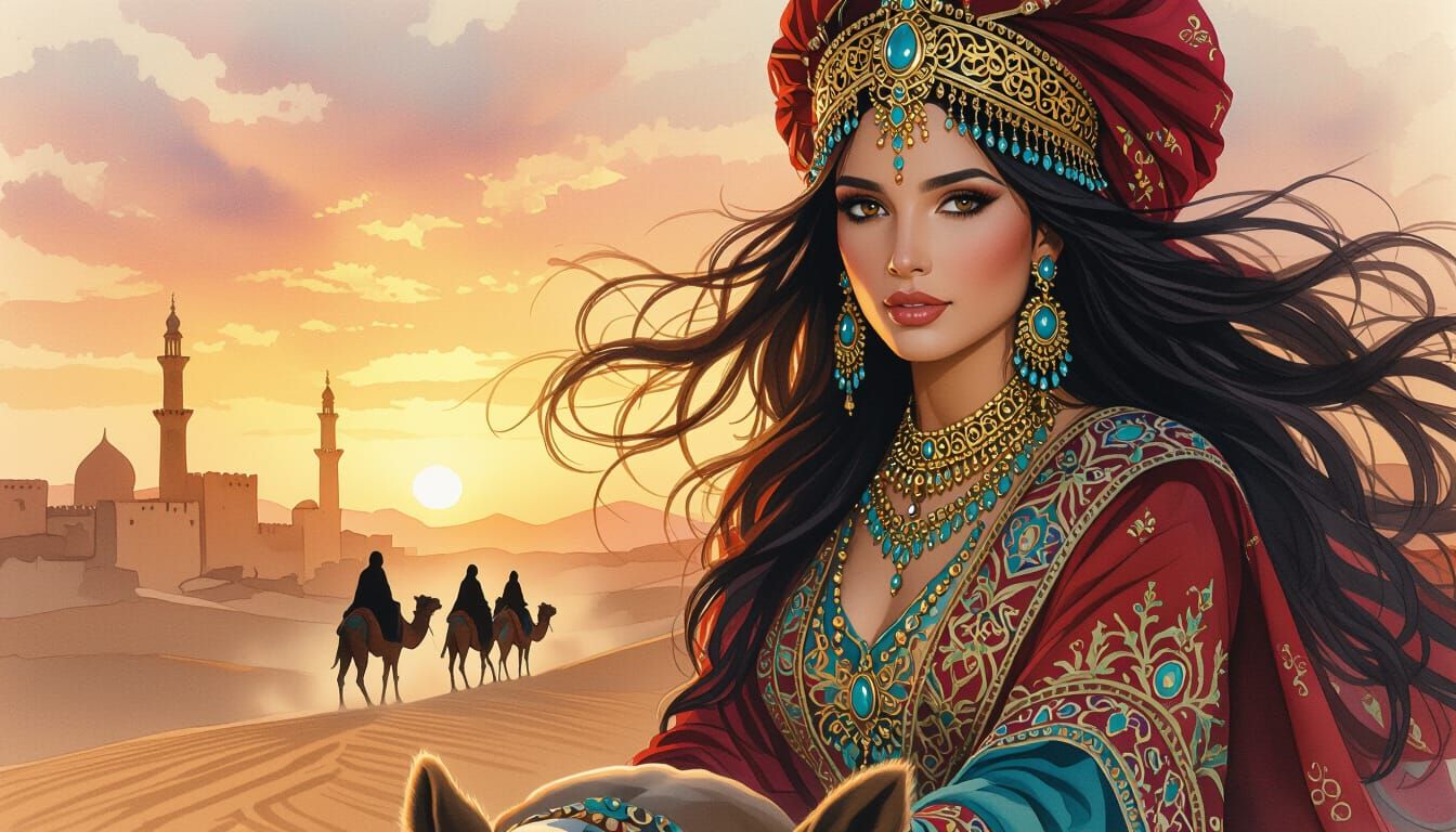 Desert Caravan at Sunset in Watercolor Style