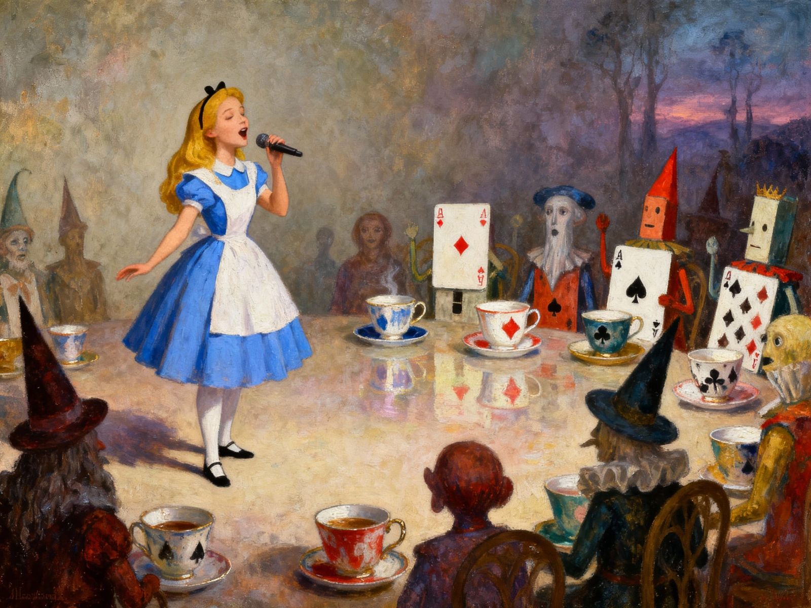 Alice Sings to Teacups in Surreal Oil Painting