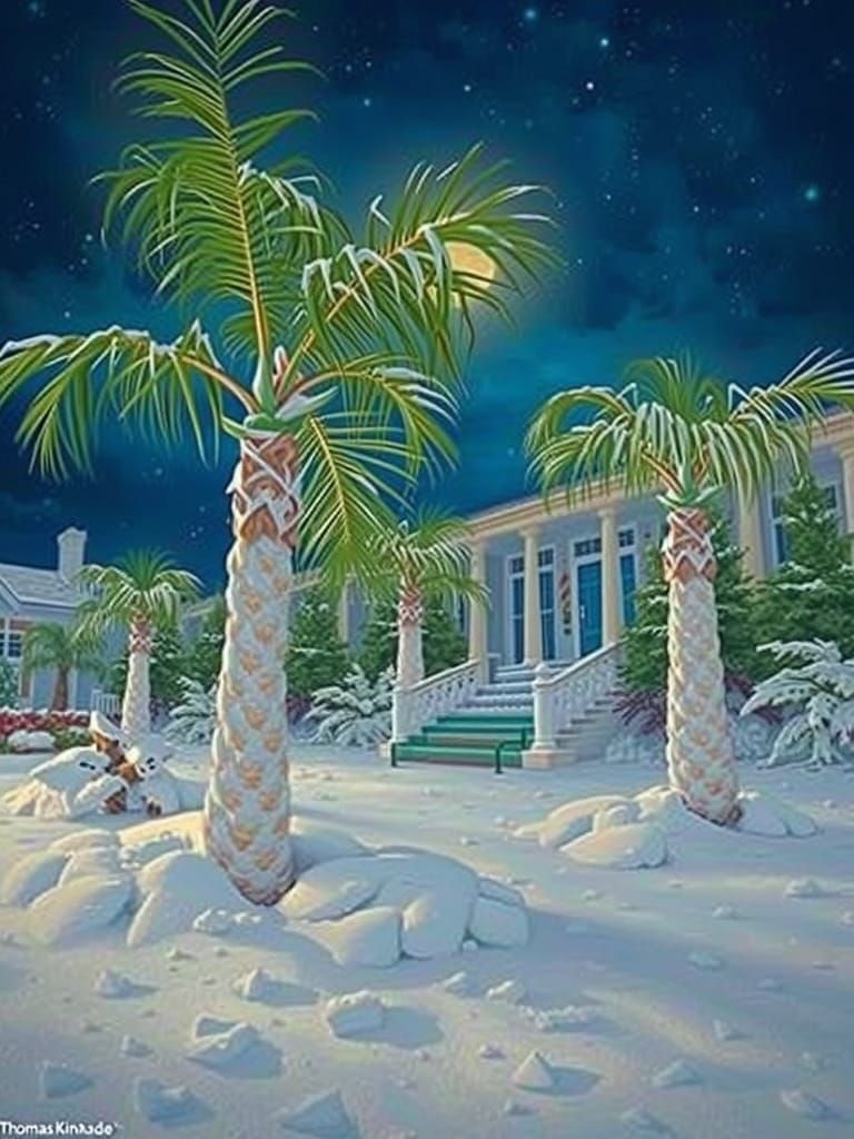 Florida Snow Scene Under Starry Night Sky