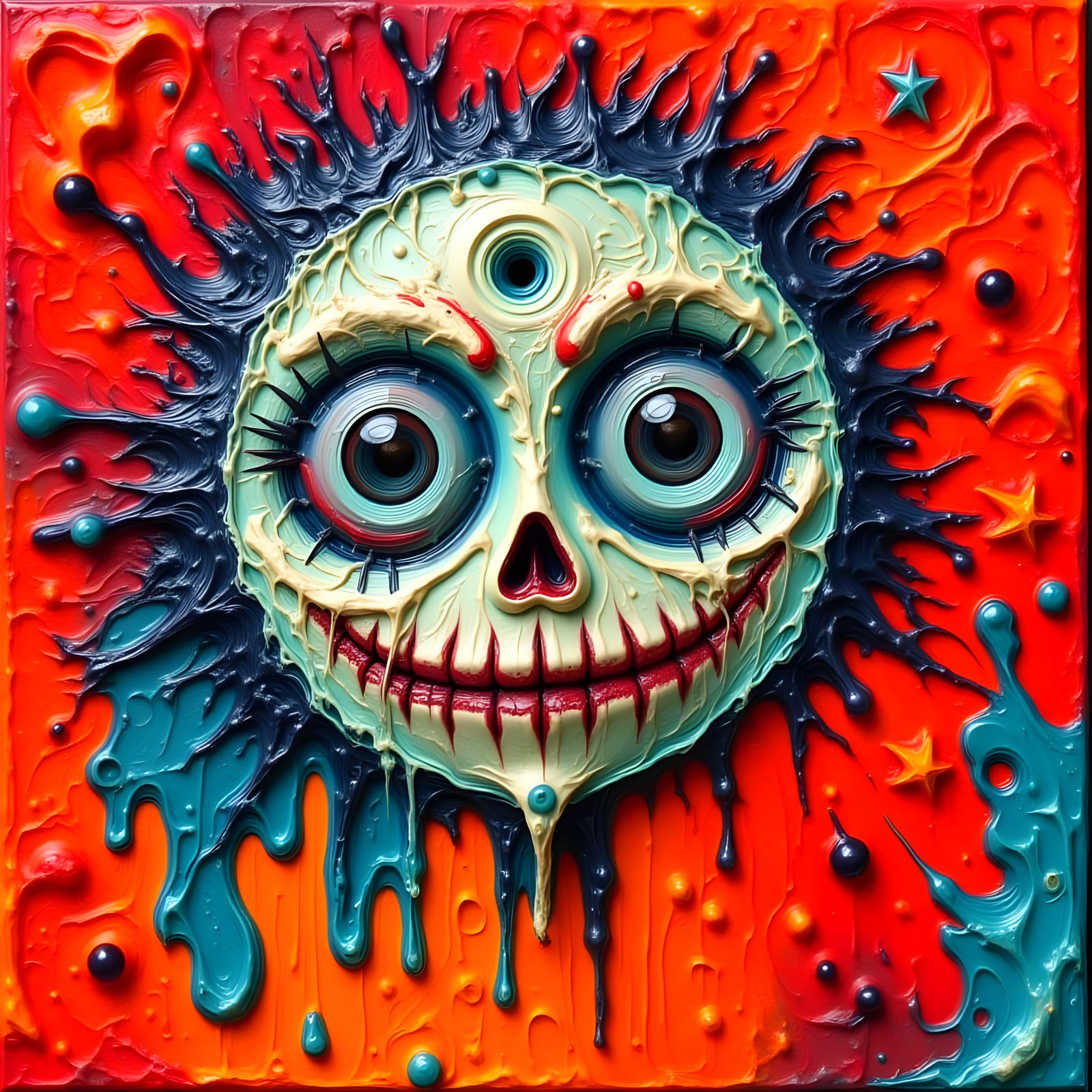 Sinister Melting Moon with Bullet Hole in Encaustic Style