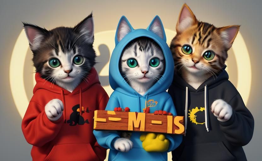 Kittens Wearing Hoodies Hold "Paws Down" Sign in 3D
