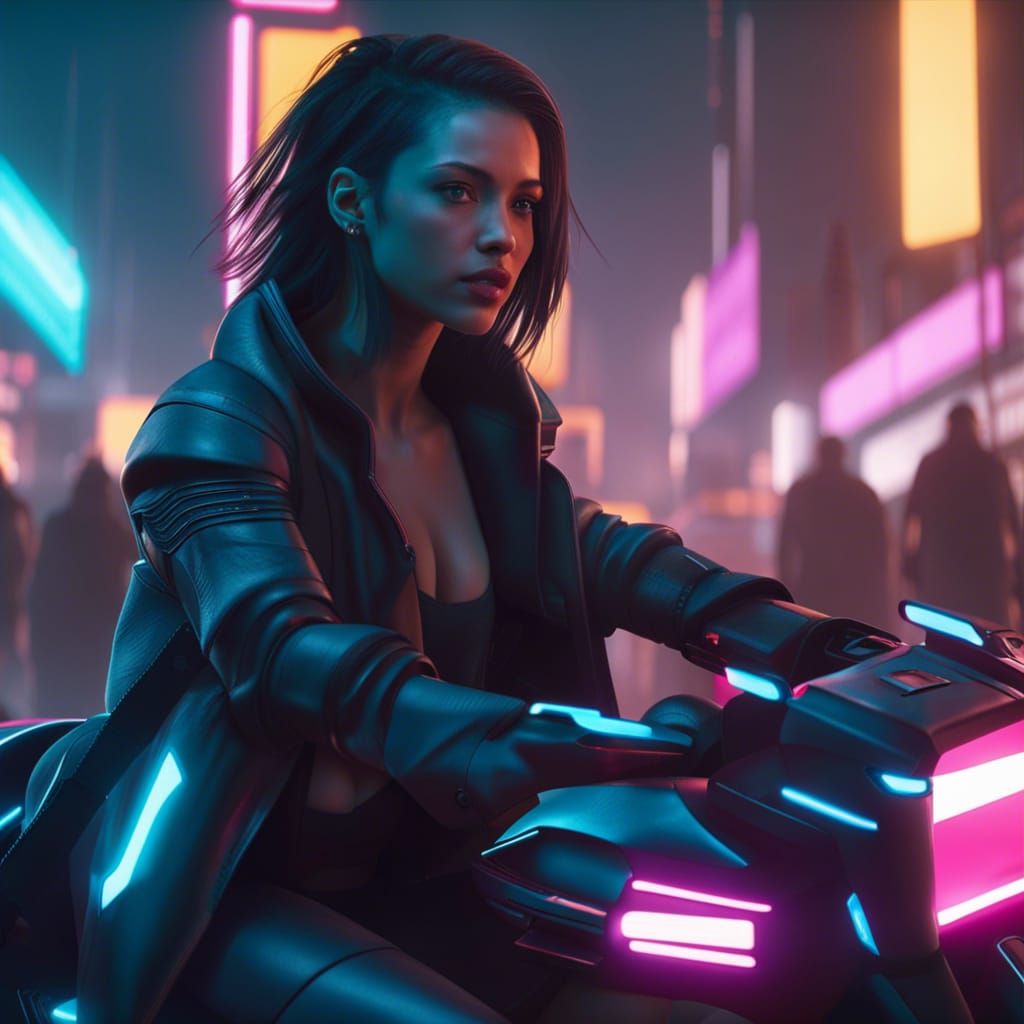 Futuristic Woman on Motorbike in Cyberpunk City