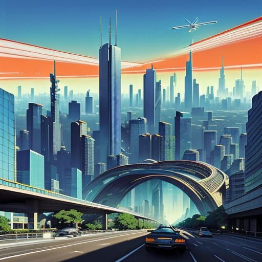 Sleek Futuristic Cityscape with Vibrant Skyscrapers and Lush...
