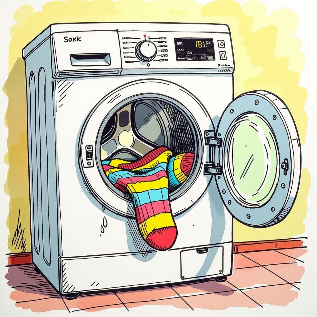 Washing Machine Eating Sock in 80s Sketch Style
