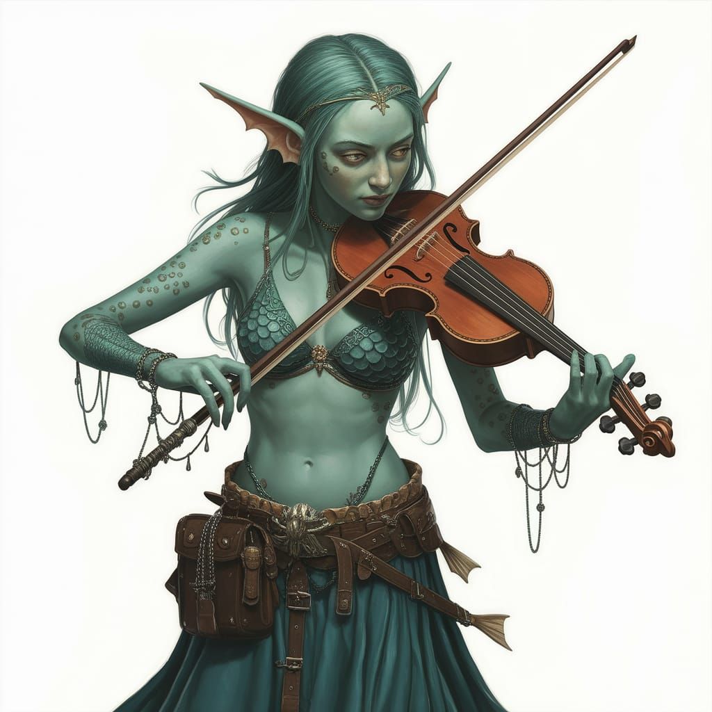 Sea Elf Playing Stringed Instrument: Oil Painting
