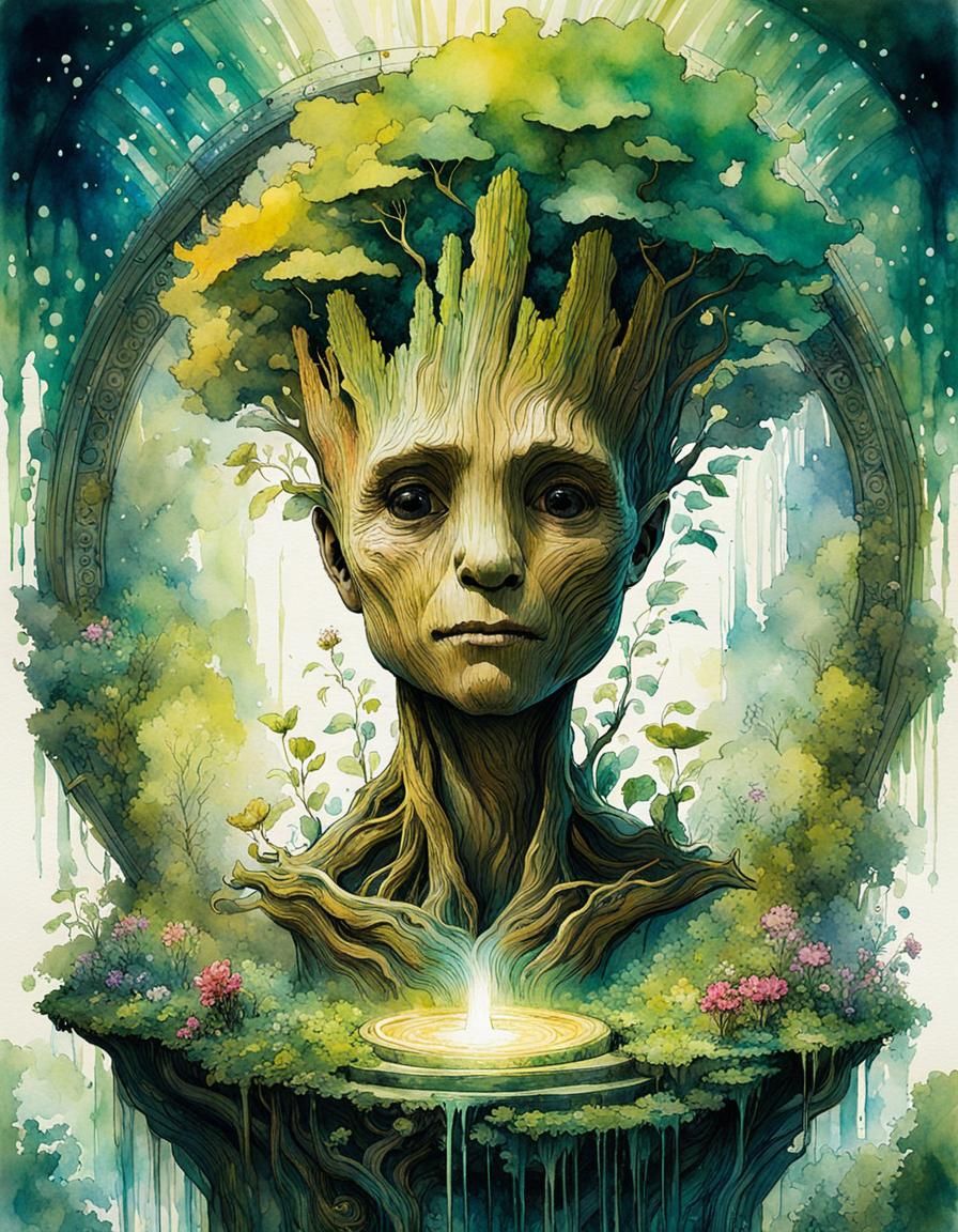 Groot Dances Through Magic Portal: Watercolor Art
