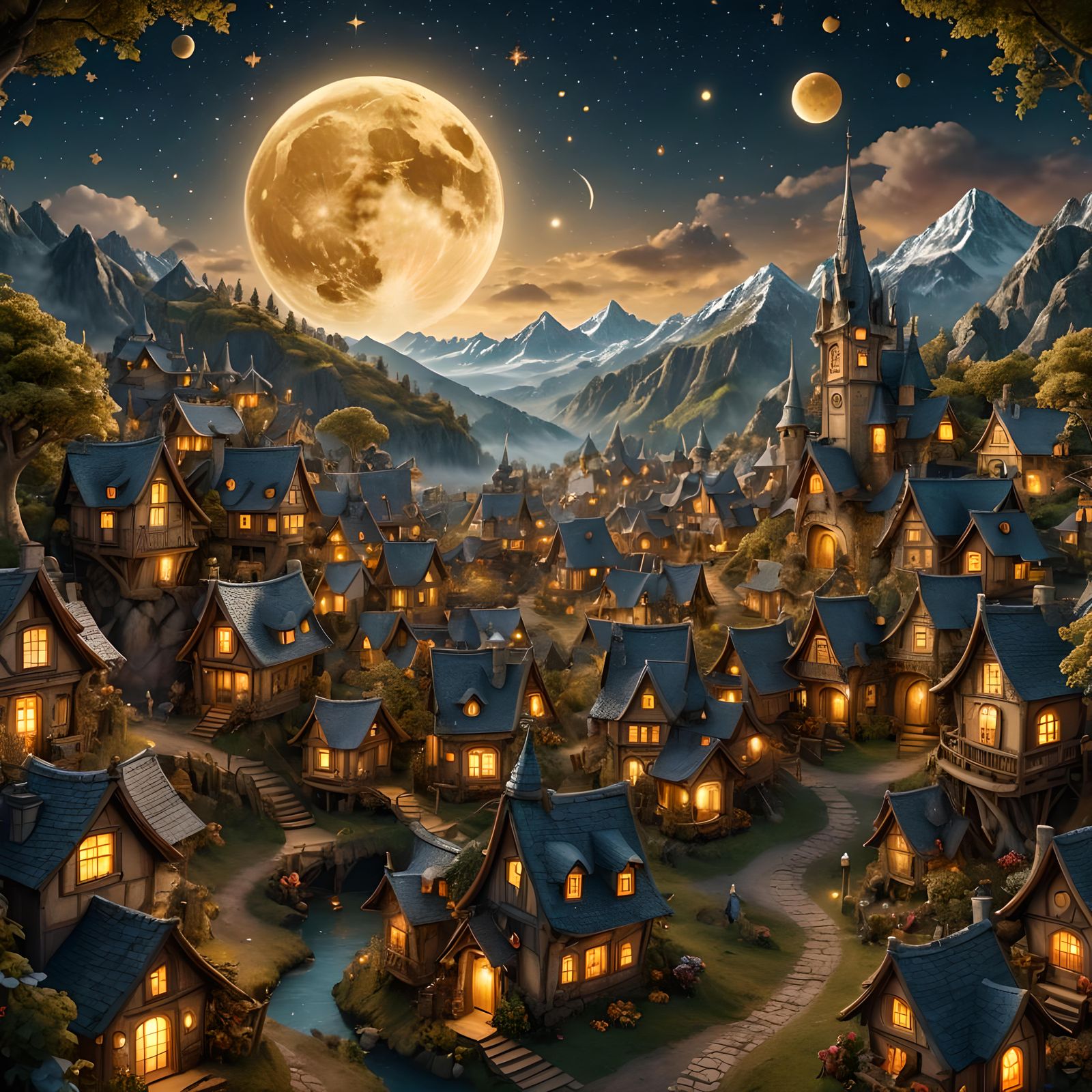 Fairy Village Under Golden Moon in Digital Painting