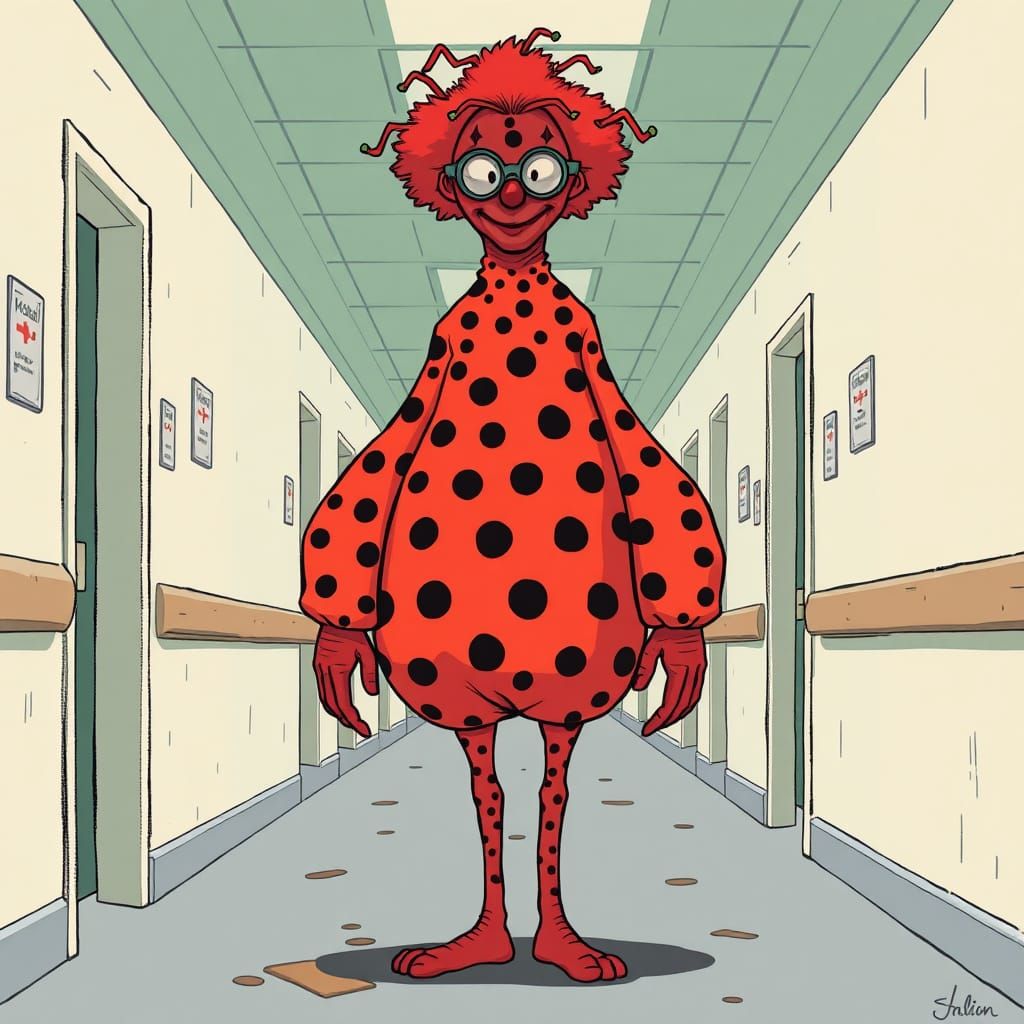 Red Humanoid Clown in Abandoned Hospital Corridor