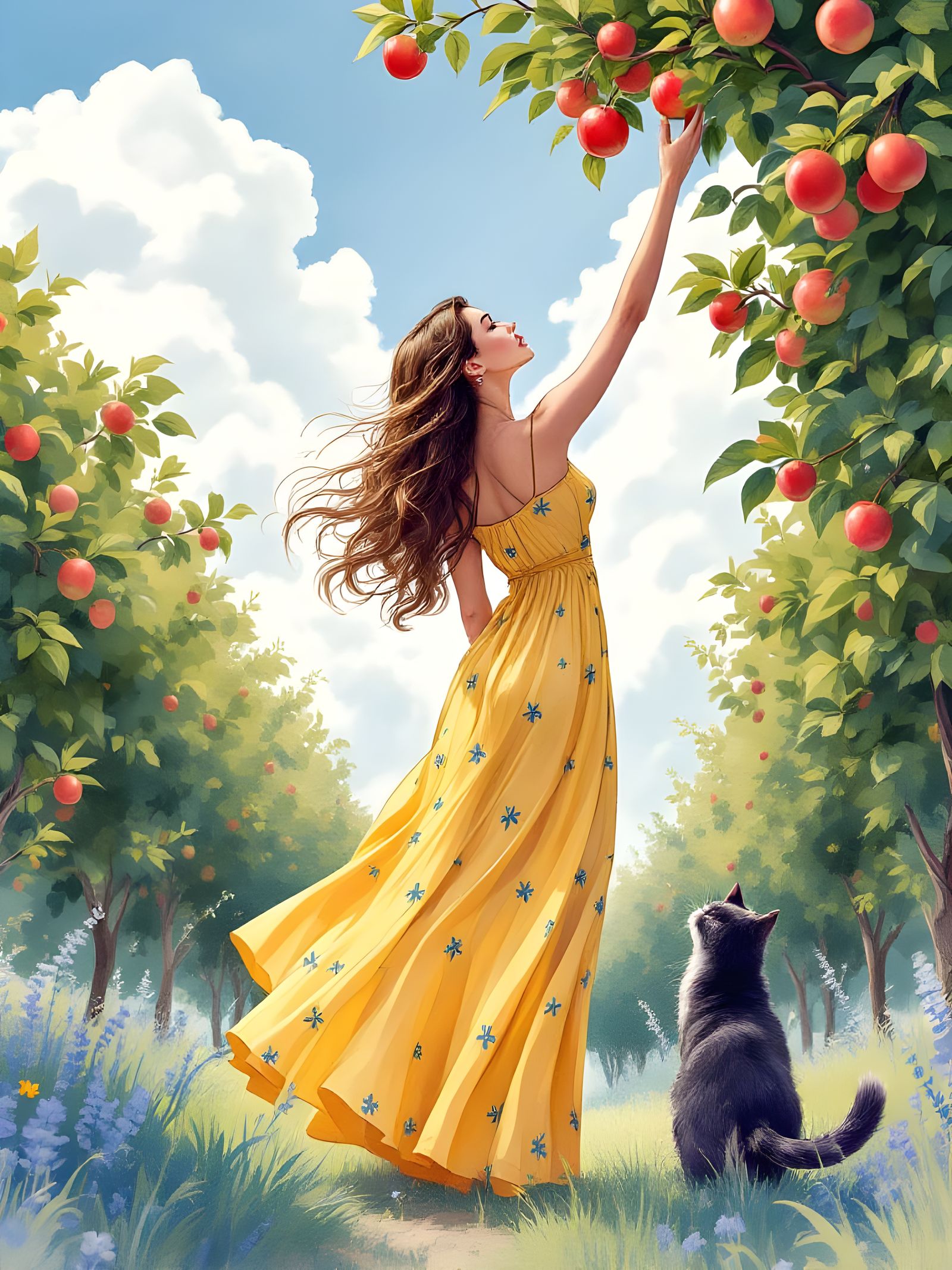 Comic Style Watercolor Illustration of Woman Picking Apple