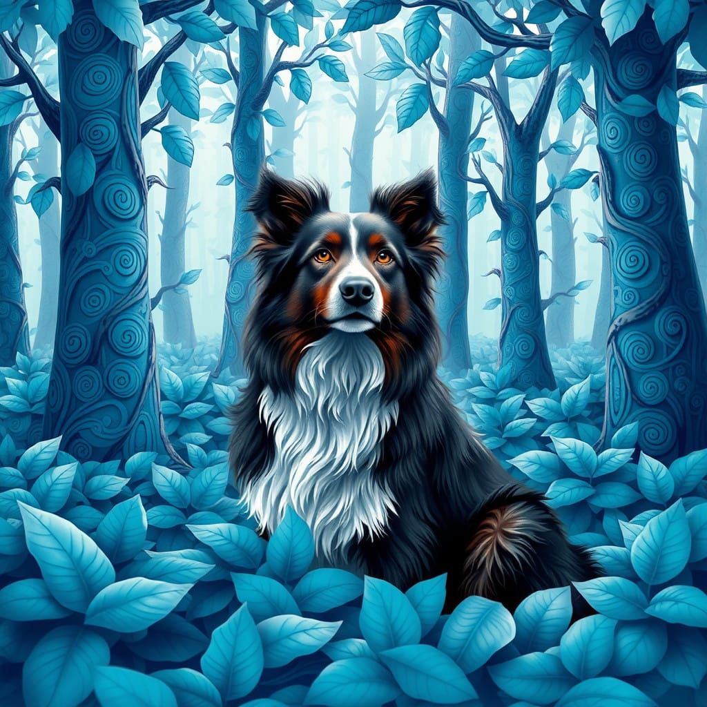 Luminous Blue Leaf Forest Encounter with a Border Collie