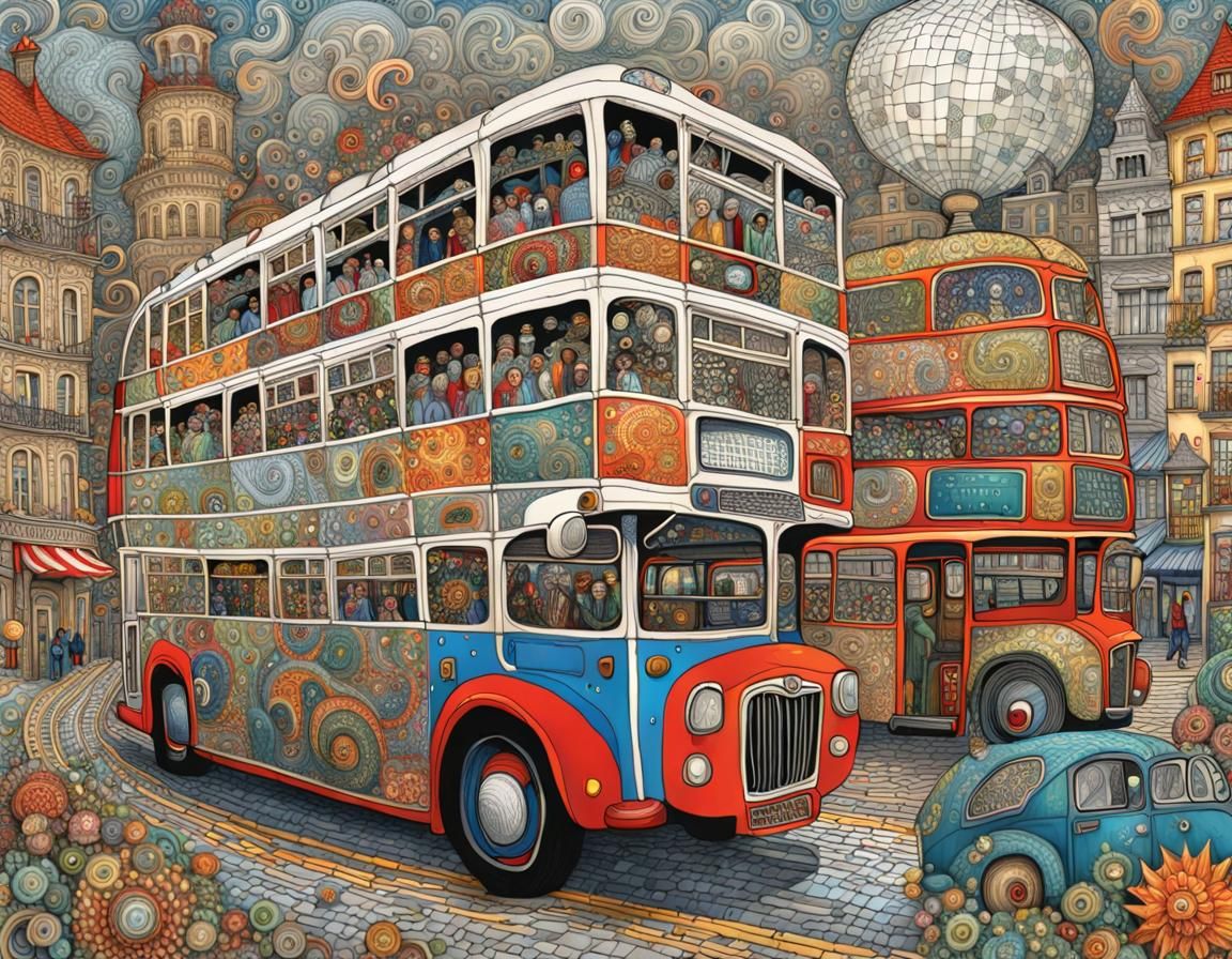 Zentangle Double Decker Bus in a Busy City