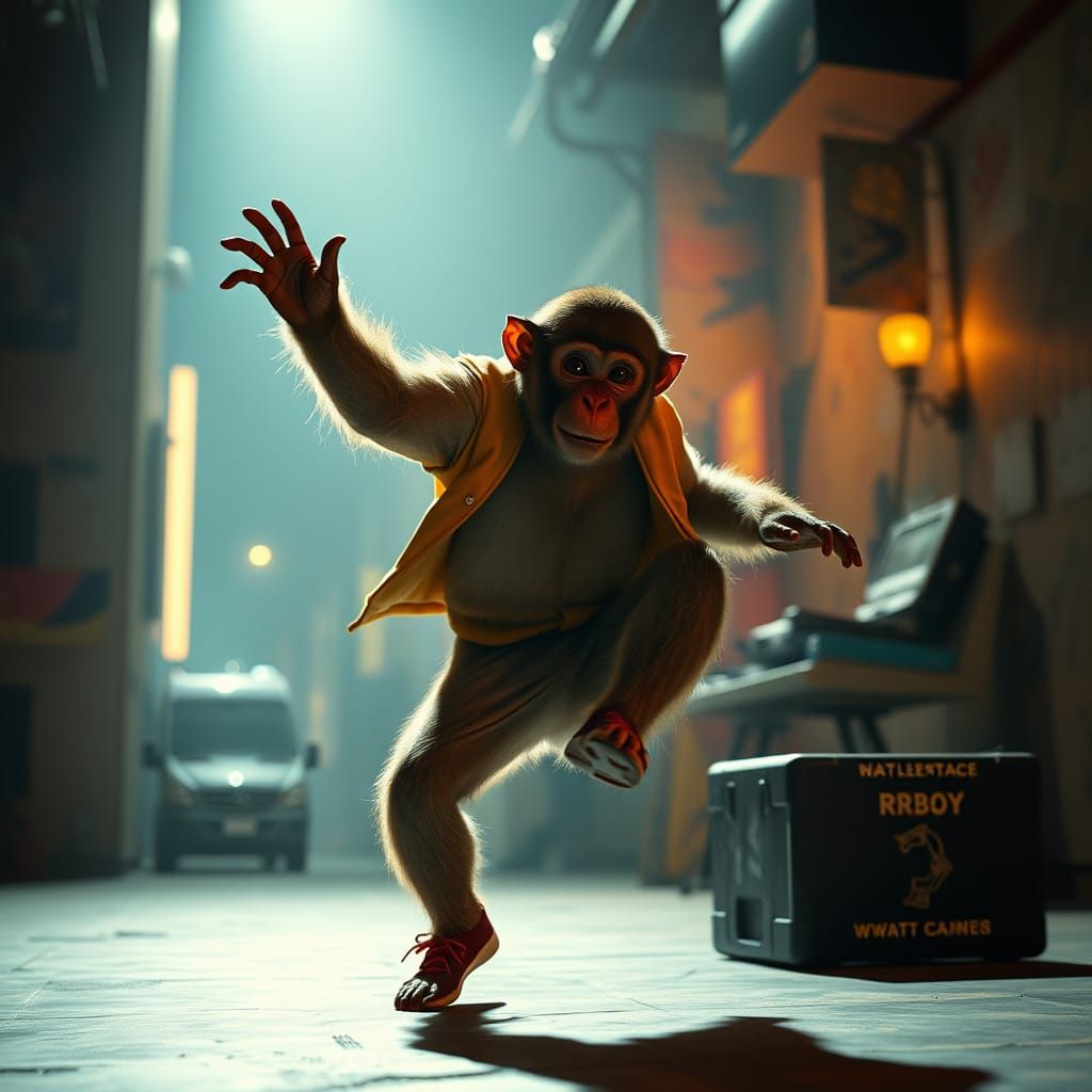 Hyperrealistic Breakdancing Monkey in Cinematic Hip-Hop Sett...