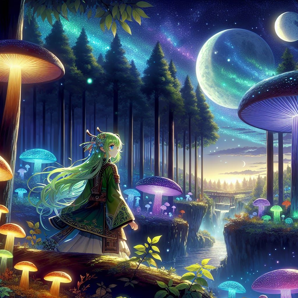 Anime Fairy in Bioluminescent Mushroom Forest