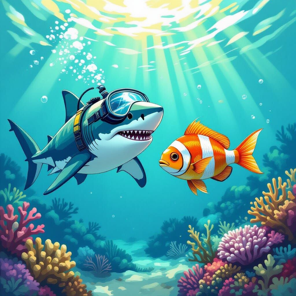 Shark and Fish Friends in Coral Reef, Warm Sunlight