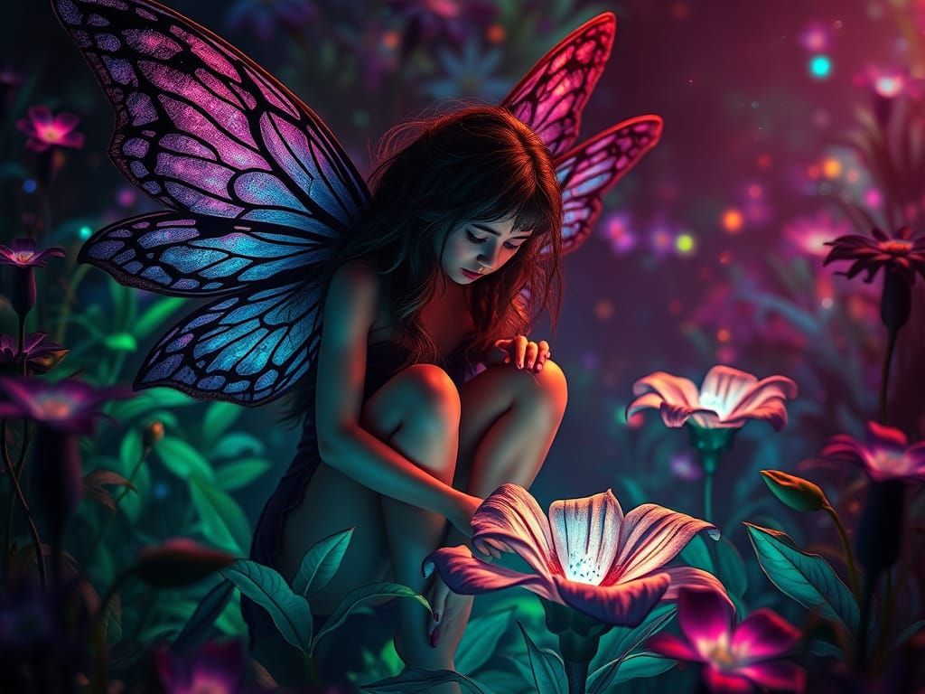 Surreal Gothic Fairy Mourns Bioluminescent Bloom in Dreamlik...