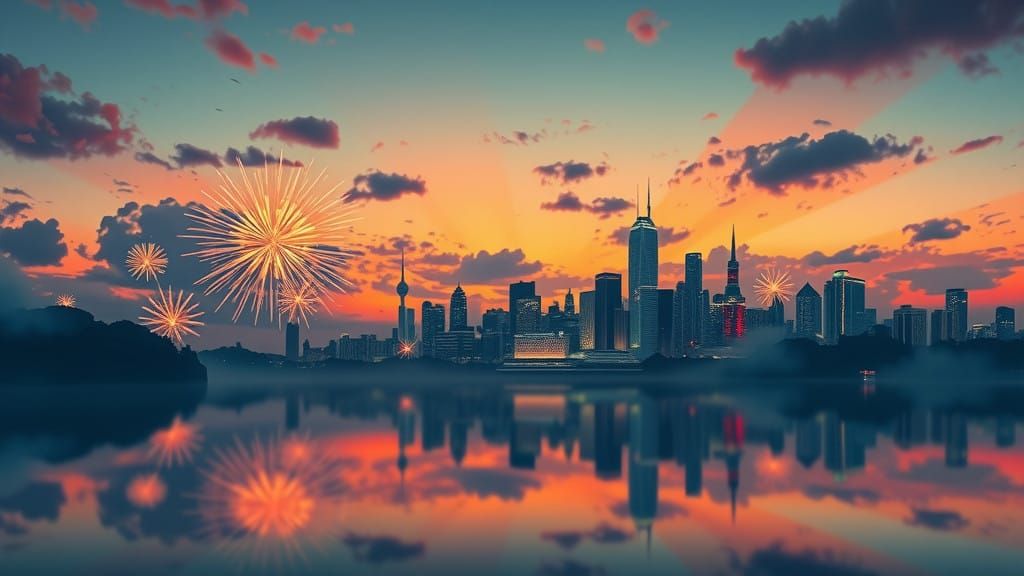 Surreal New Year's Skyline with Vibrant Fireworks and Shimme...