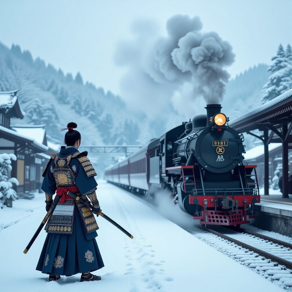 Samurai at Snowy Train Station in Ukiyo-e Style