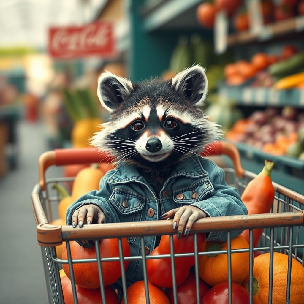 Raccoon in Shopping Cart Captured in Earthy Whimsy