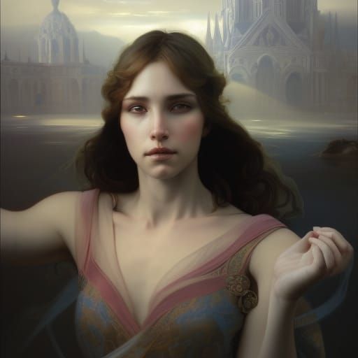 Radiant Woman Praying in Raphael Style Cathedral