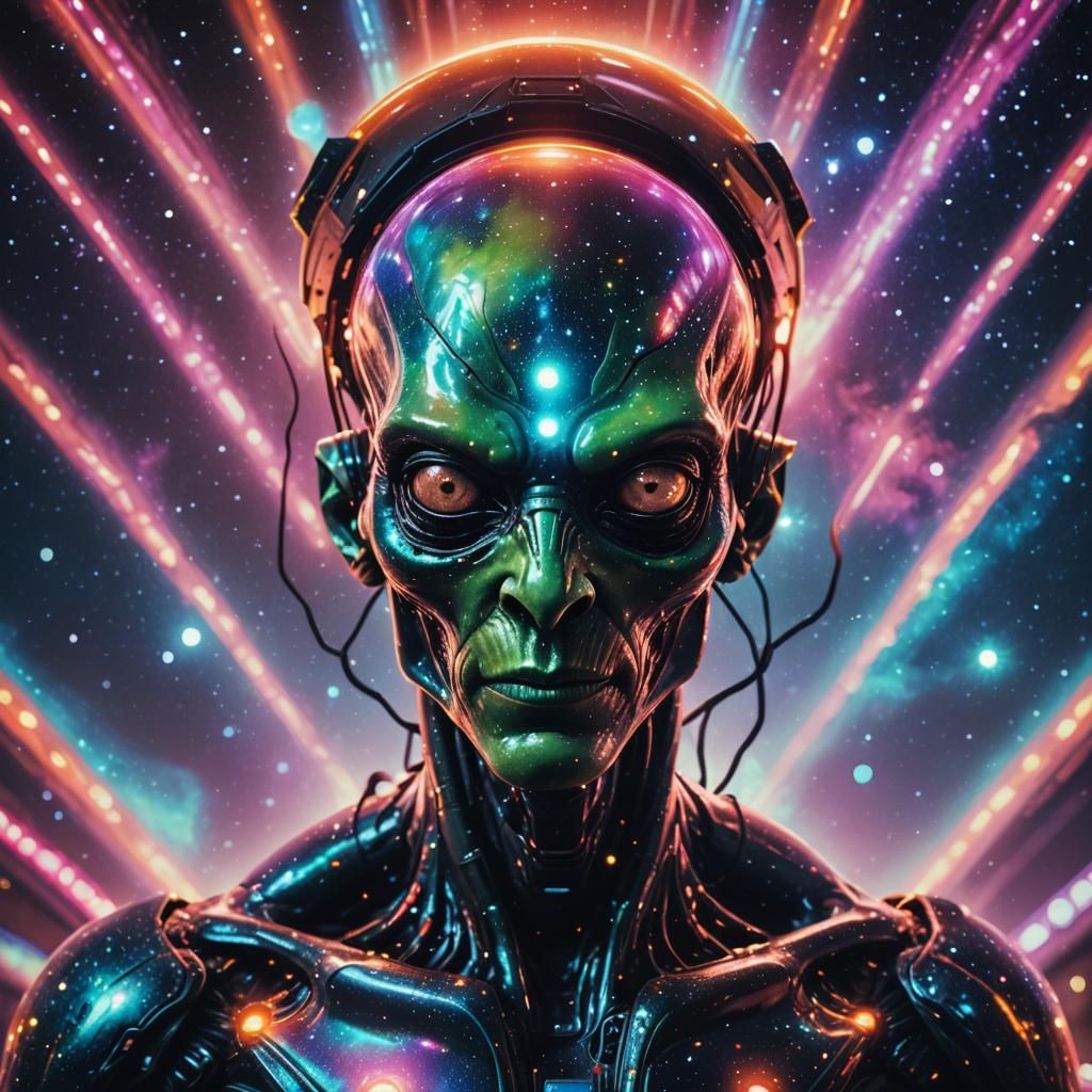 Cosmic Surrealism: Stardust Alien Portrait Near UFO