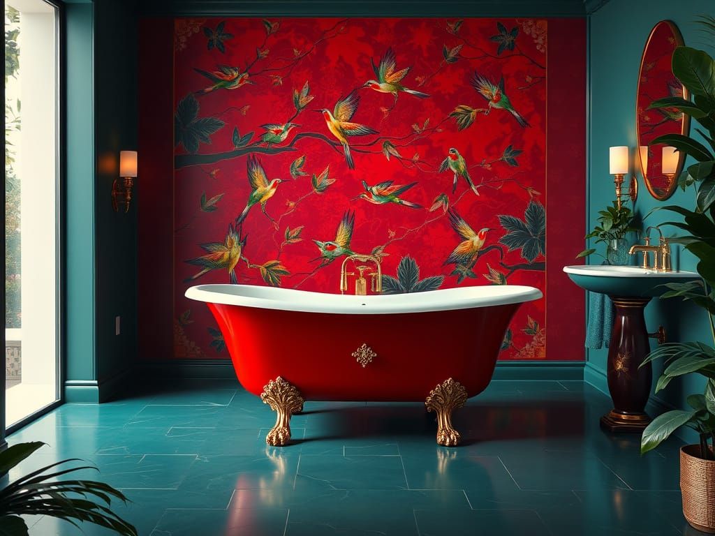 Vibrant Oriental Luxury Bathroom in Rich, Deep Teals and 24-...