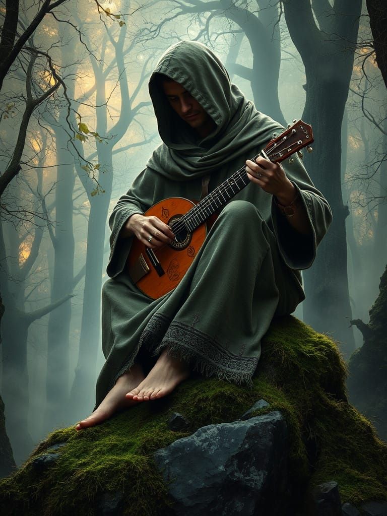 A mystical bard, shrouded in a tattered, earth-toned cloak