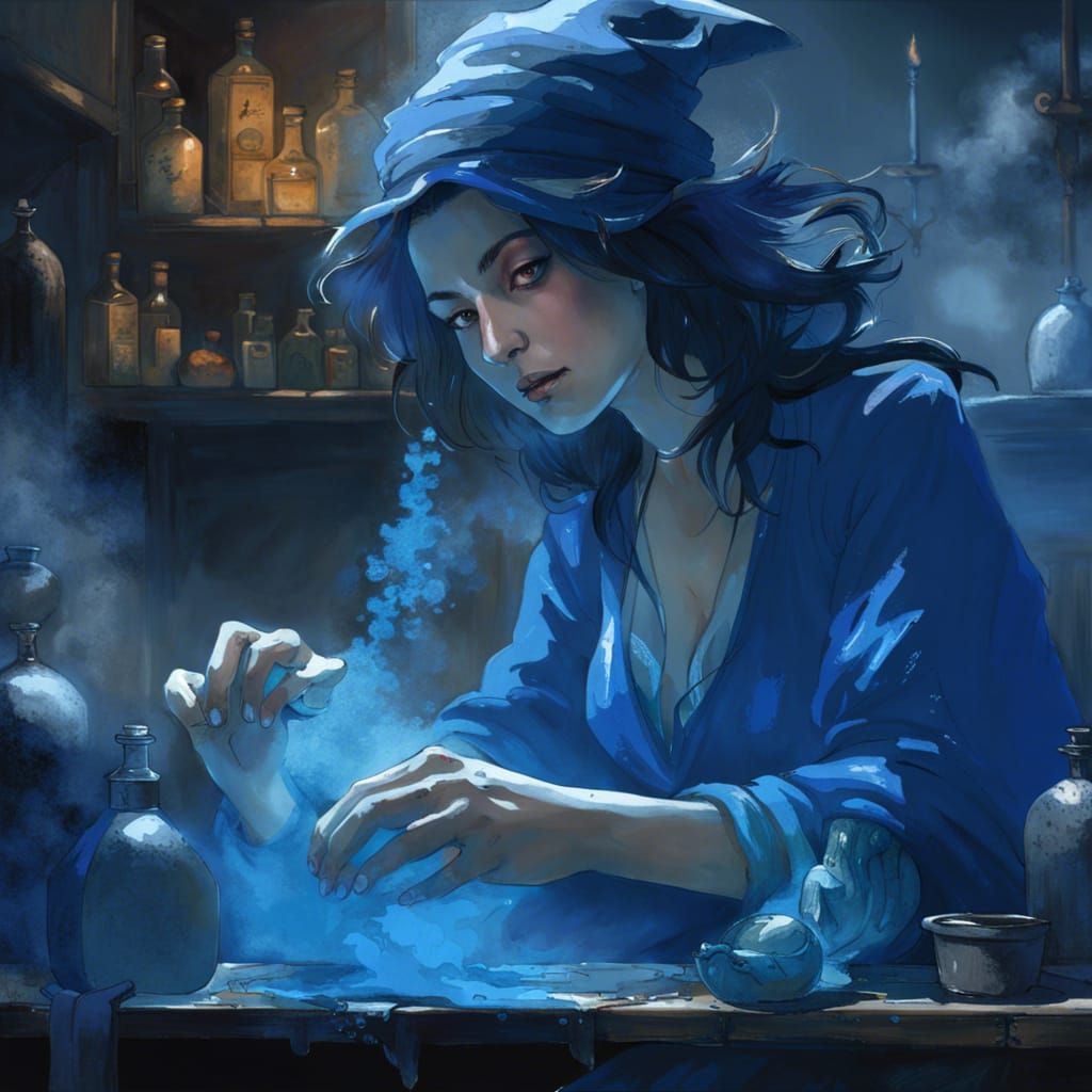 Blue Witch Making Potions, Hyperrealistic Fantasy