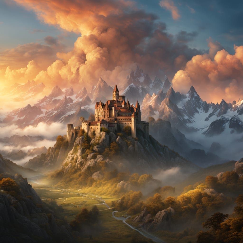 Epic Oil Painting of Majestic Castle Ruins Amidst Swirling C...