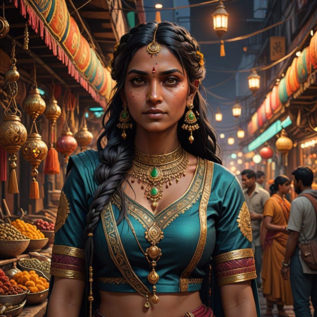 Indian Woman in Traditional Attire, Marketplace Scene in Fan...