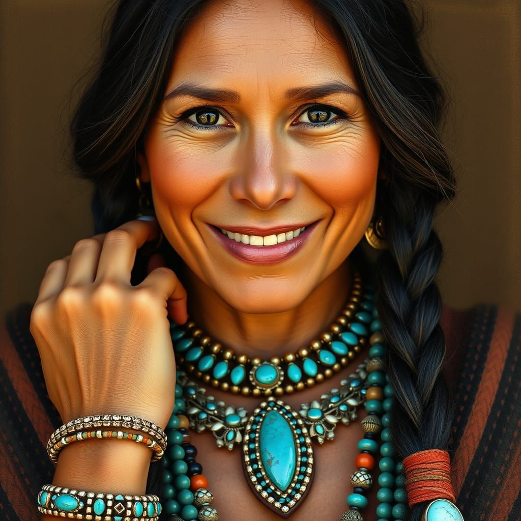 Native American Woman in Turquoise Jewellery, Detailed Textu...