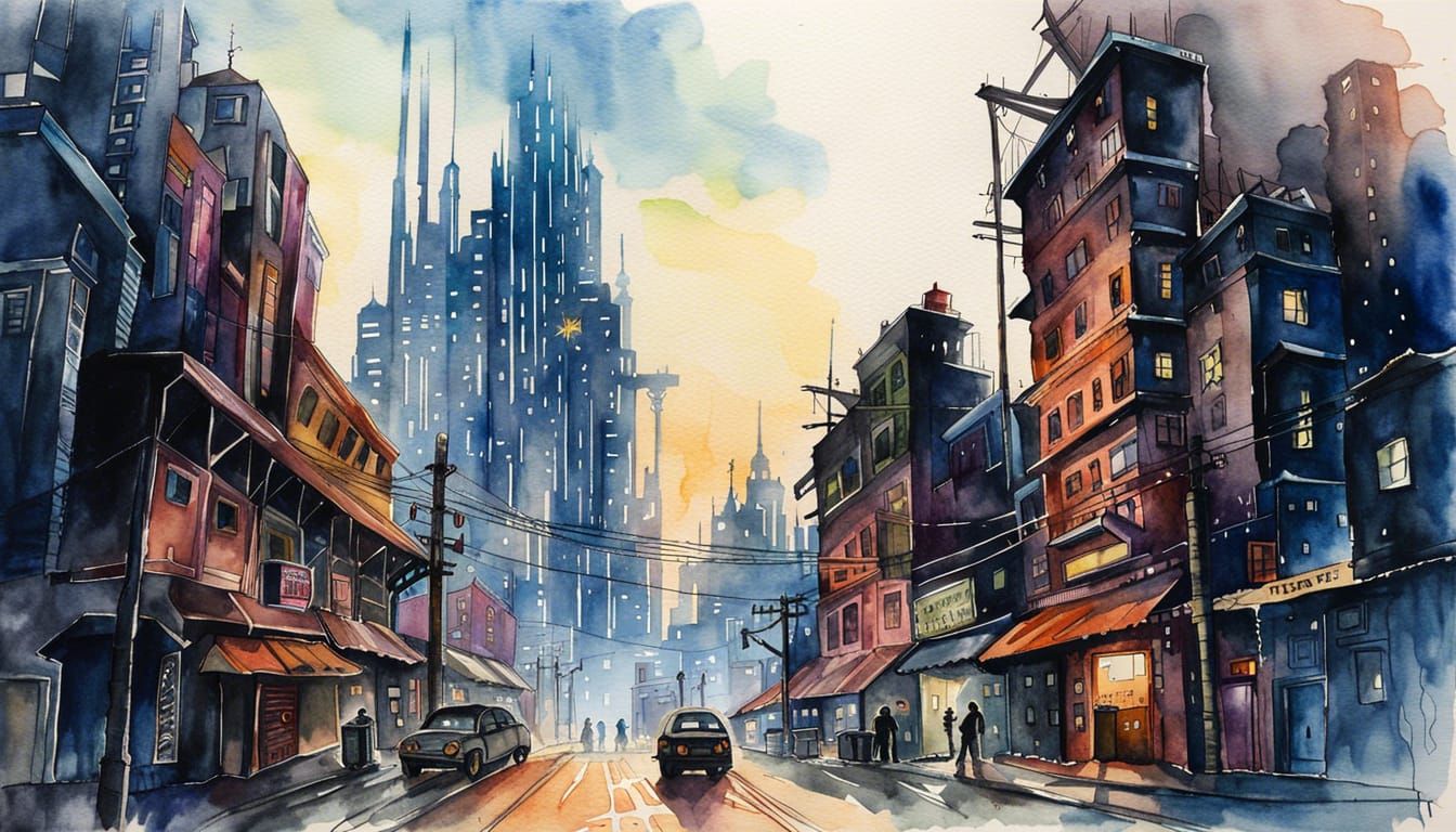 Incandescent Cyberpunk Cityscape in Watercolor