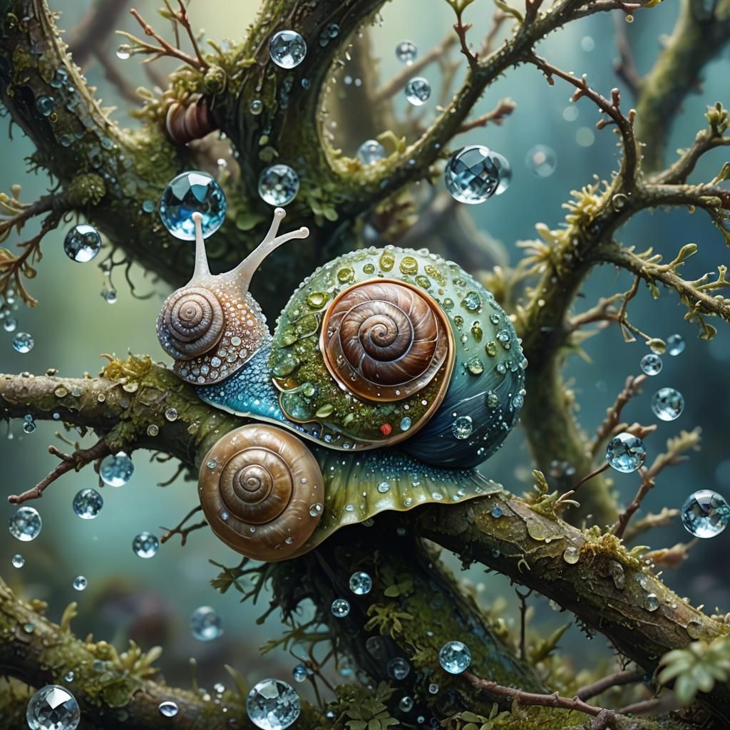 Diamond Snail on Mossy Branch: Fantasy Oil Painting