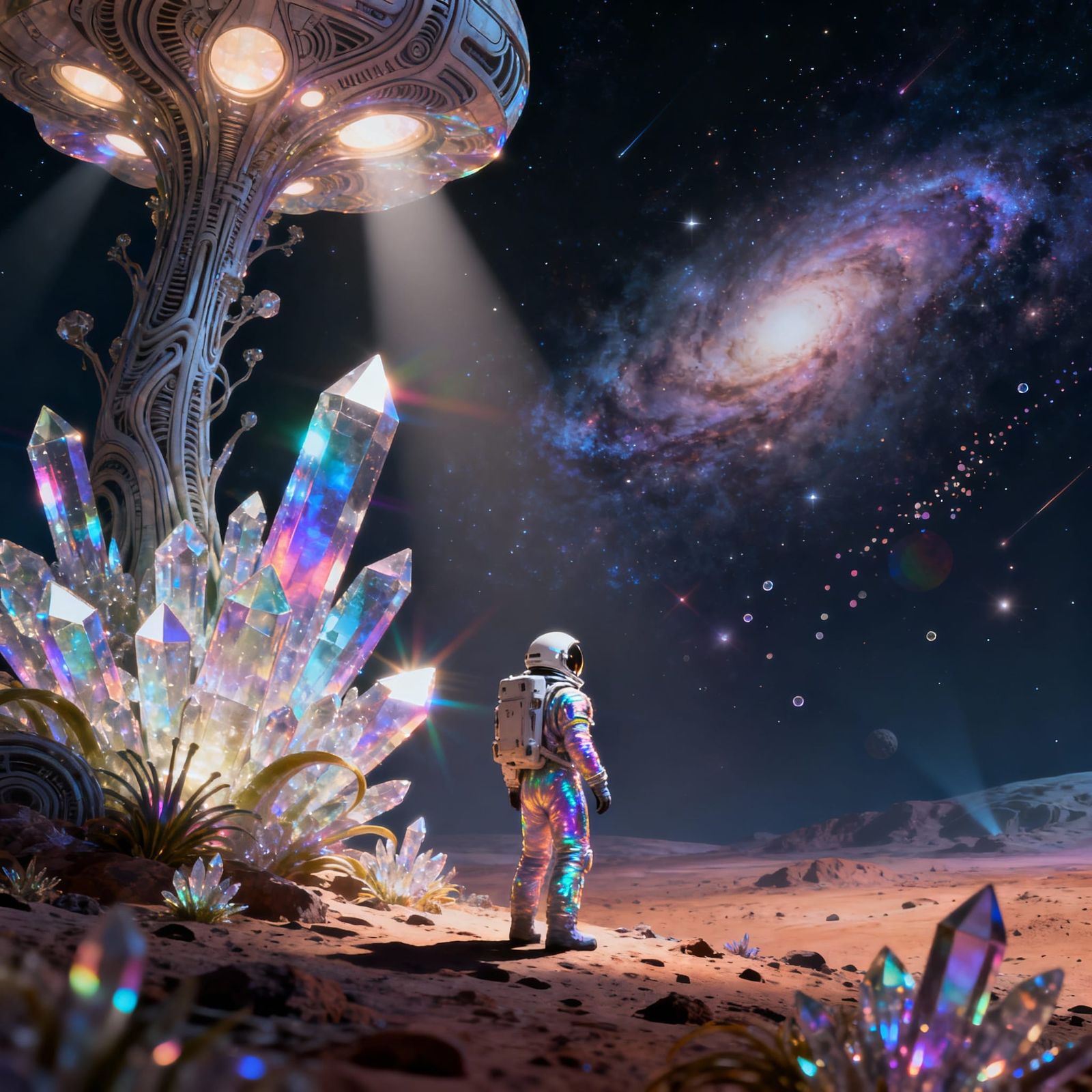 Astronaut on Alien Planet Gazing at Nebula Sky