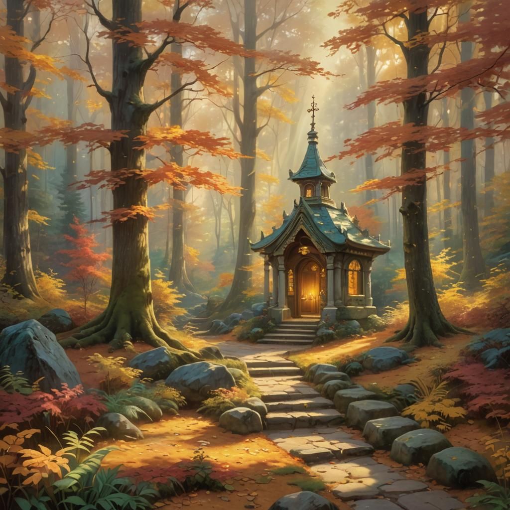 Autumn Shrine in Ethereal Fantasy Landscape