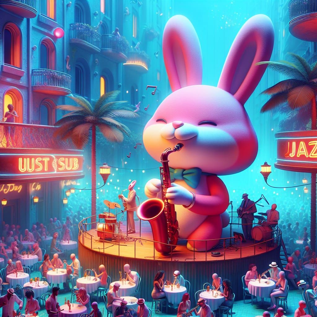 Pink Rabbit Plays Saxophone in Jazz Club