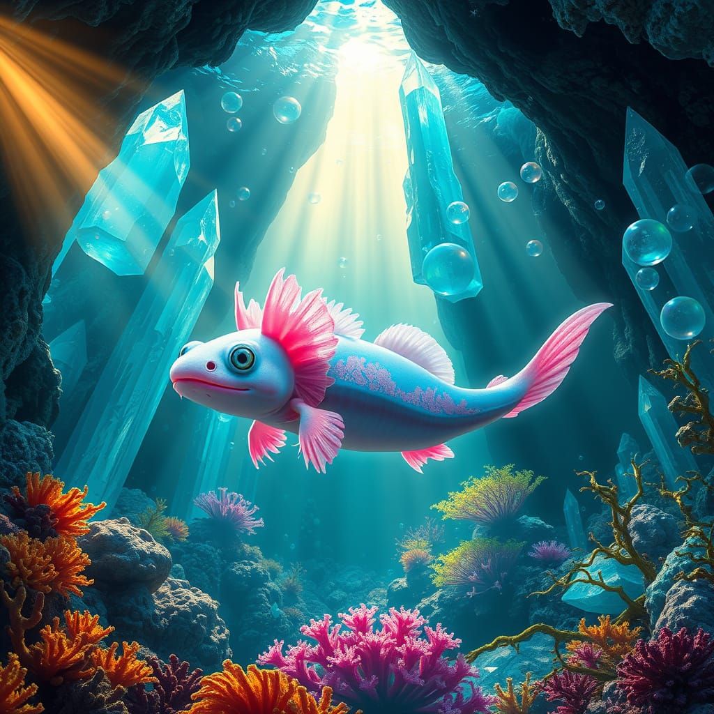 Majestic Axolotl in Enchanted Underwater Cavern, Bioluminesc...