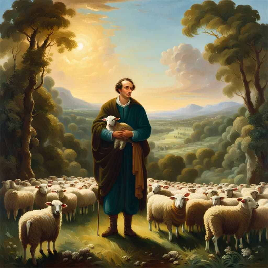 Shepherd and Sheep: Oil Painting in Cole Style