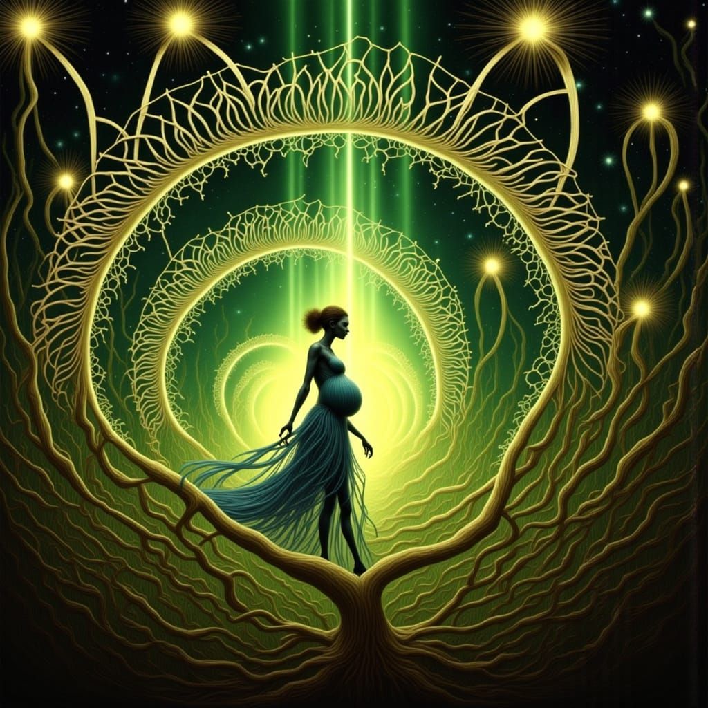 Surrealistic Cosmic Landscape with DNA Seed Tendril and Dand...