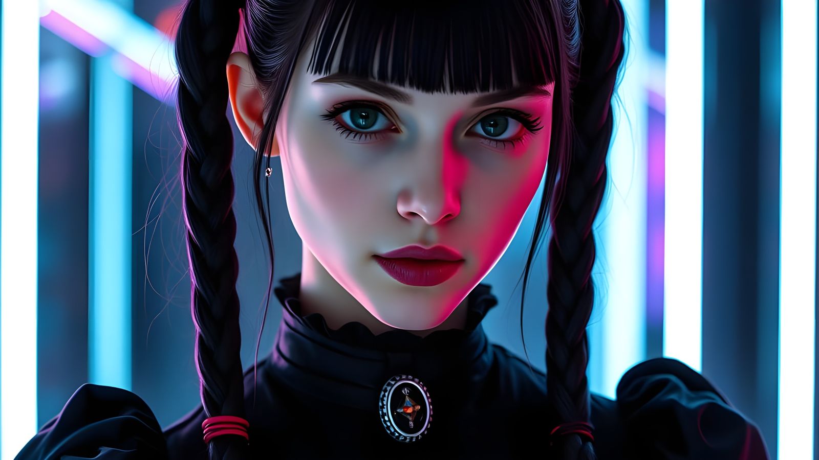 Cyberpunk Wednesday Addams in Gothic Black Dress