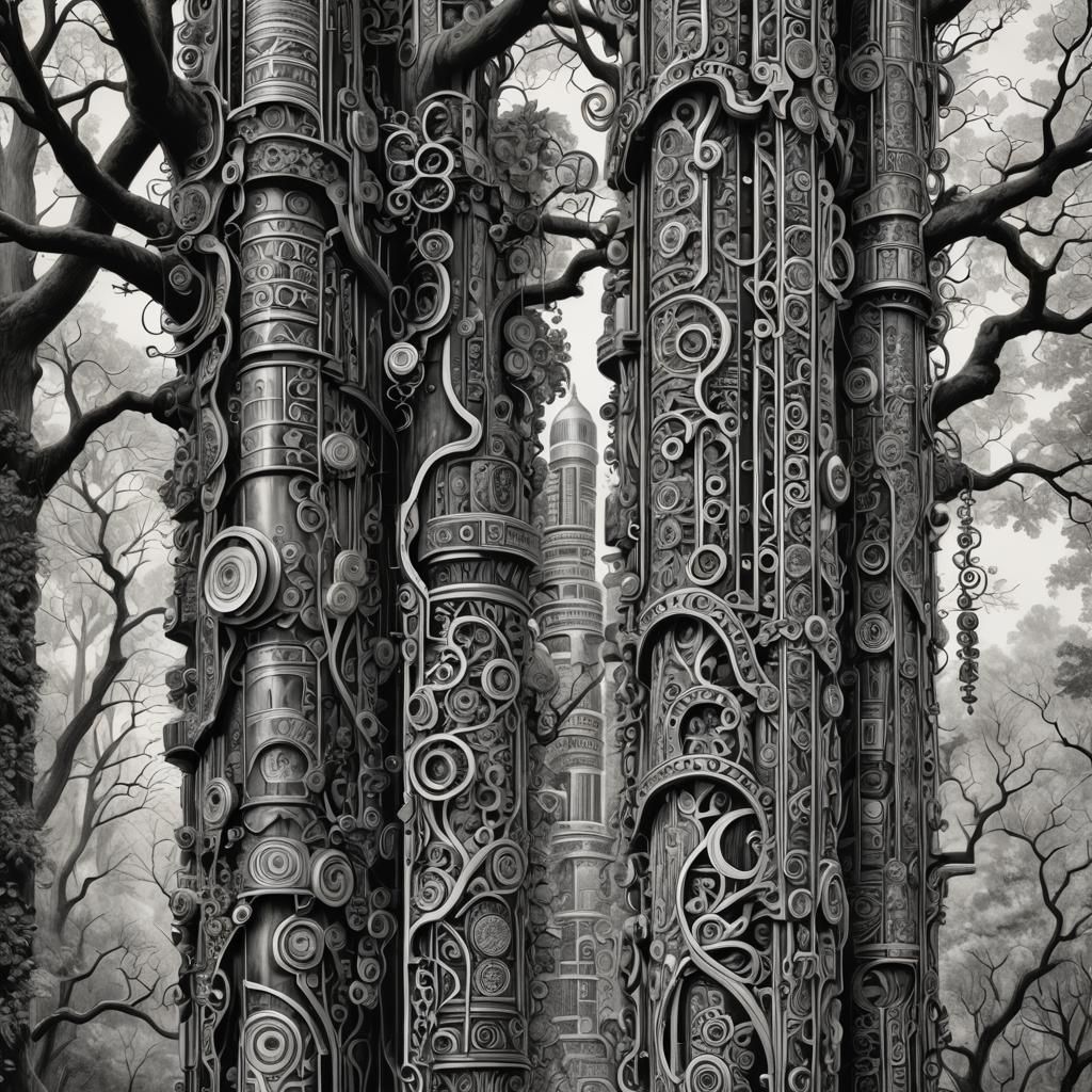 Black and White Energy Columns with Intricate Patterns