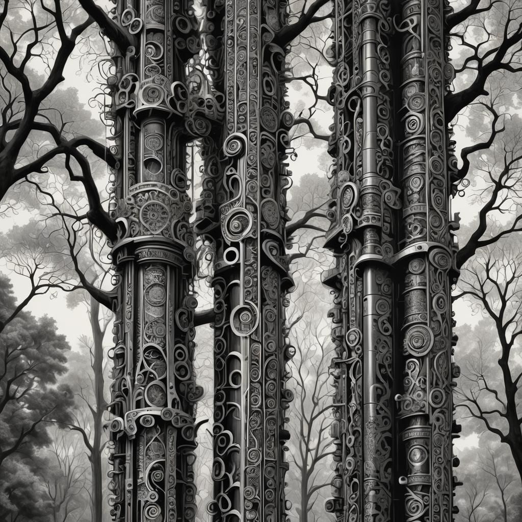 Black and White Energy Columns with Intricate Patterns
